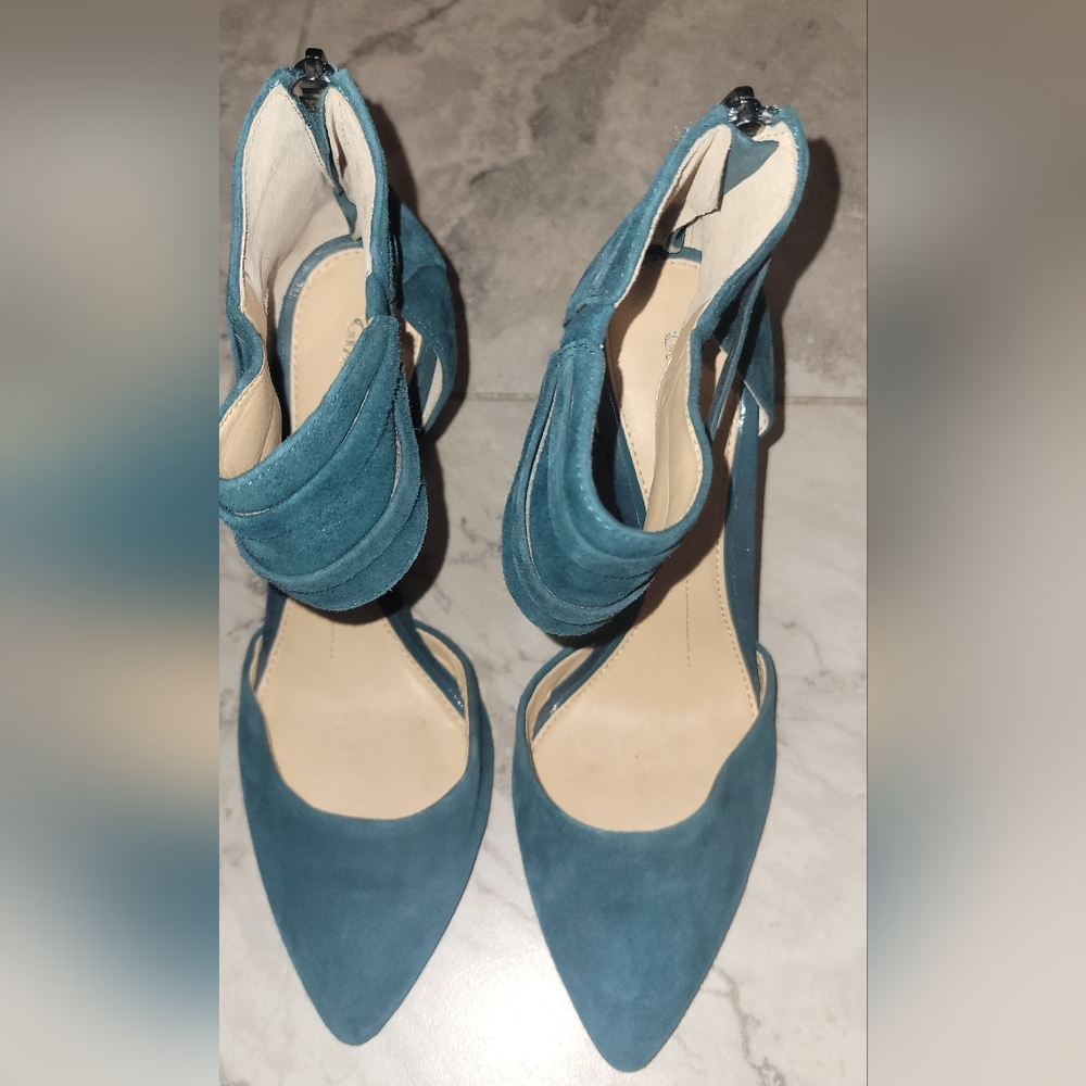 GIANNI BINI Teal Pointy Toe Zip Back Heels Sz 6 Suede Leather